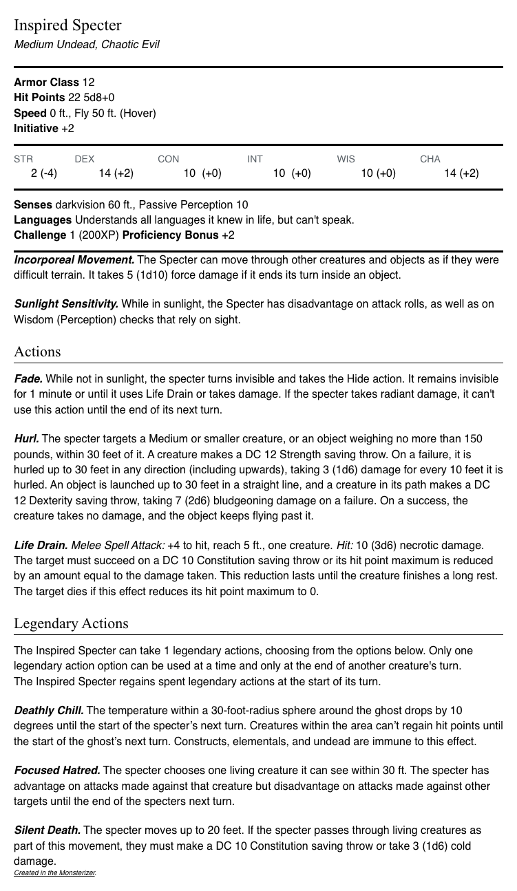 A monster stat block for a specter in Dungeons & Dragons 5th Edition.