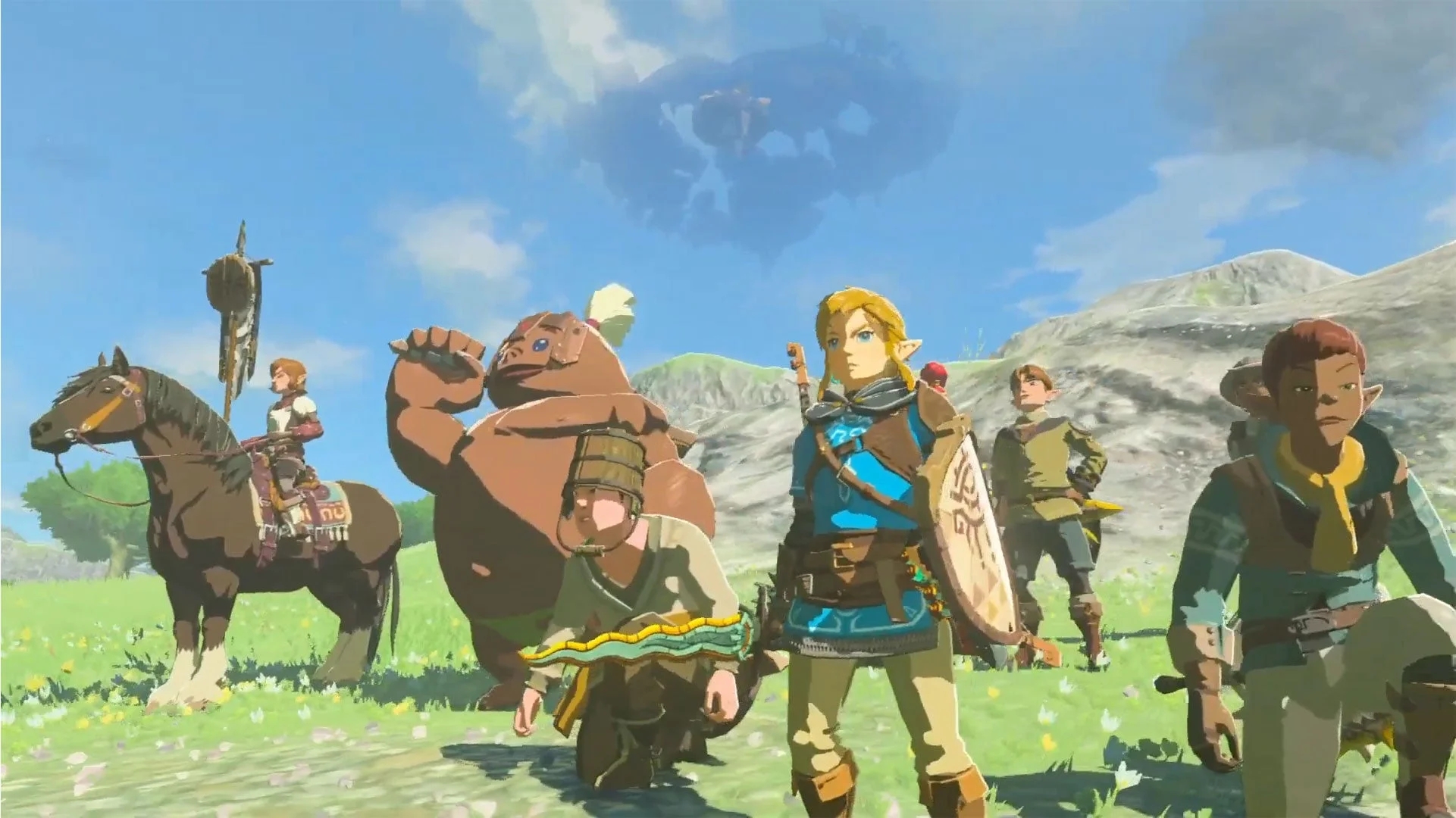 Link from the Legend of Zelda: Tears of the Kingdom with various human and goron NPCs
